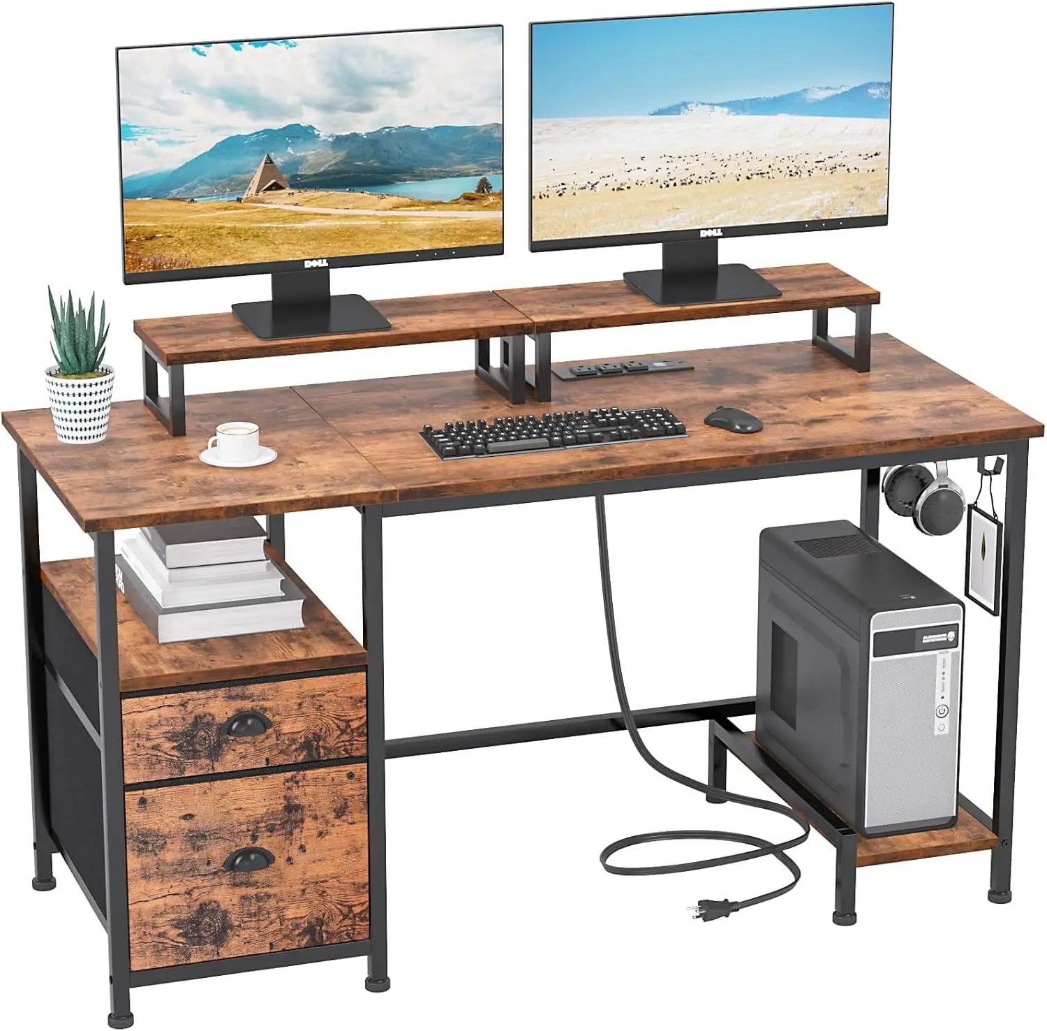 

(Limited time offer) 47 inch office desk, computer desk with drawers and power sockets, 2 monitor stands, and filing cabinet