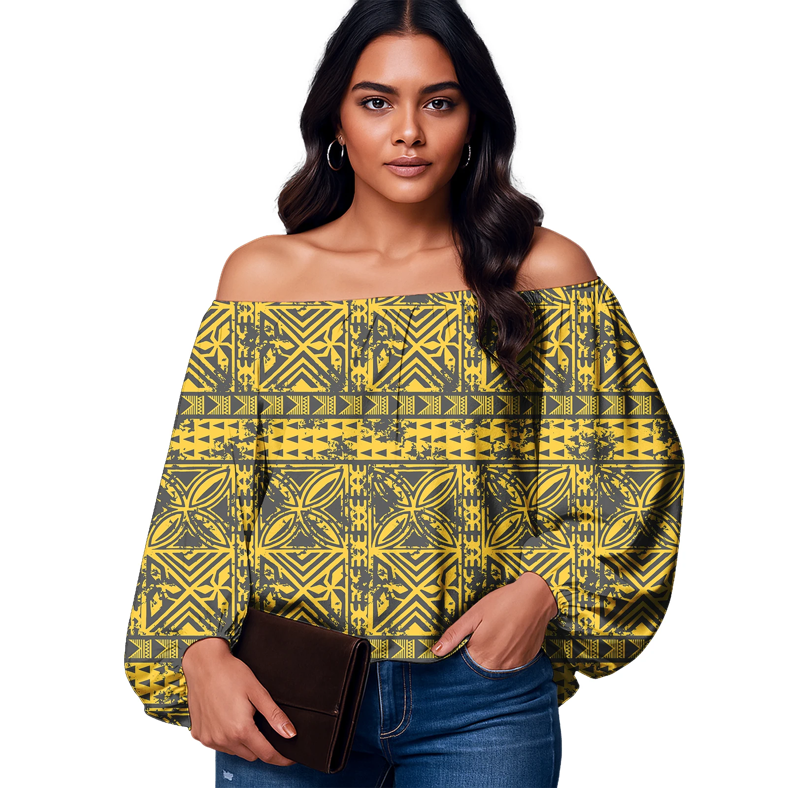 

Custom Image Trendy Lady Clothes Hawaiian Plus Size Blouse Samoan Tribal Design Ladies Tops Polynesian Puff Sleeves Women Blouse