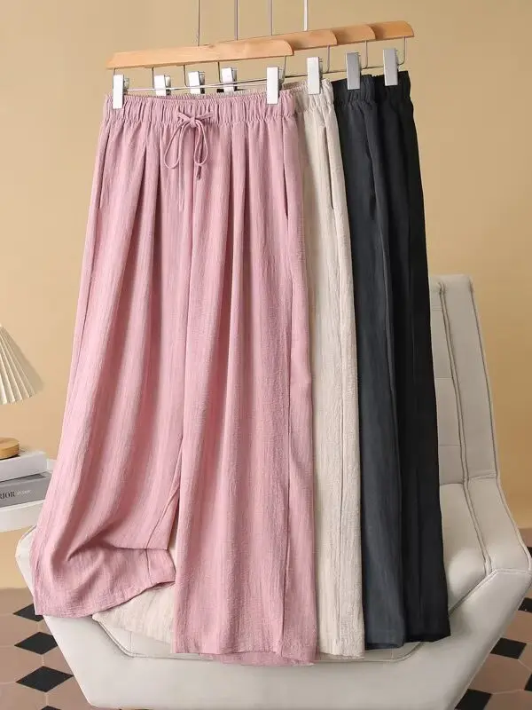 plus Size Women's Casual Pants High Waist Straight Leg Drawstring Wide Leg Loose Fitting Summer Slimming Korean Style