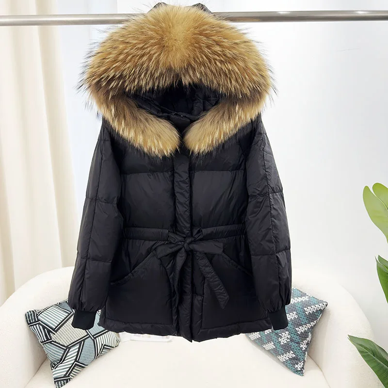 Winter new mid length slimming down jacket Korean version hooded 90 white duck down slim fit waist small down jacket for women20