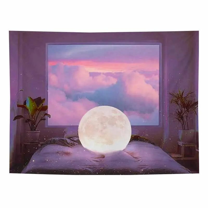 VIKAMA Orange Frame Window Sea View Tapestry, Seaside Window Aesthetic Wall Hanging for Bedroom Living Room Dorm Decor