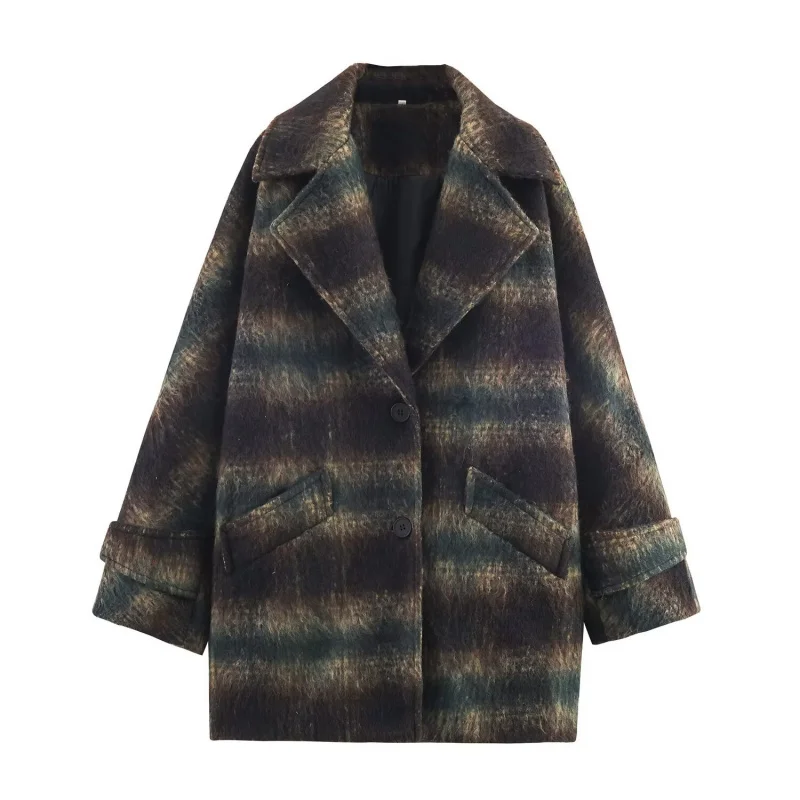 

New European and American Women's Fashion Plaid Blend Casual Coat
