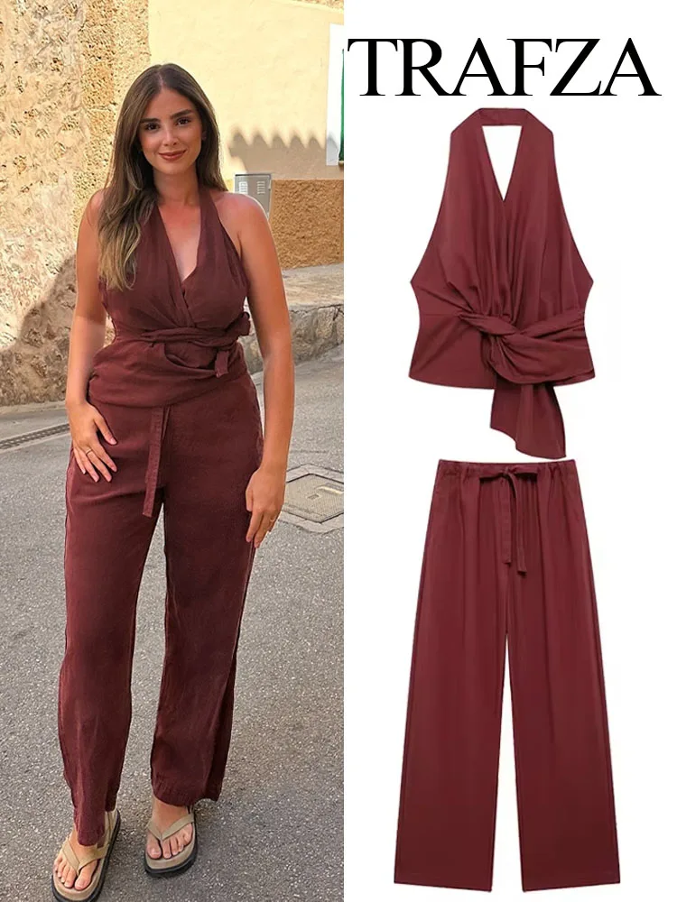 TRAFZA ​​​​Summer Fashion Women Suits Solid V-Neck Sleeveless Backless Side Zipper Sexy Tops+Elastic Waist Lace-Up Wide Leg Pant