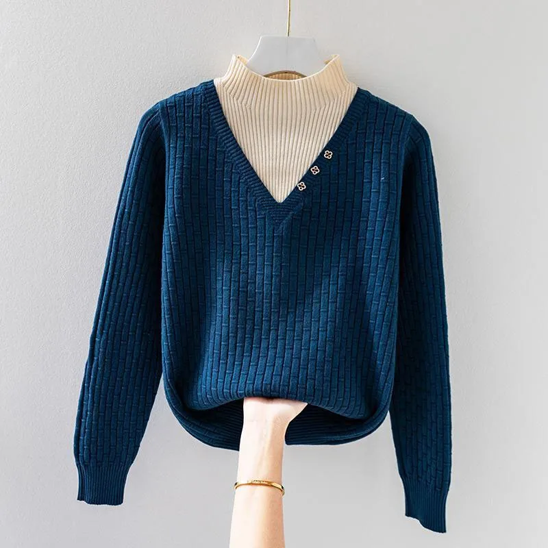 New Autumn/Winter Fashion Korean Edition Retro Fake Two Piece Half High Neck Loose Versatile Western Women's Knitted Sweater