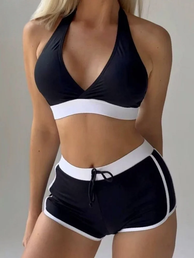 

Bikini Women Swimsuit 2026 New Black Halter Bikinis Set Sexy High Waist Swimwear Summer Shorts Beachwear Bathing Suit For Female