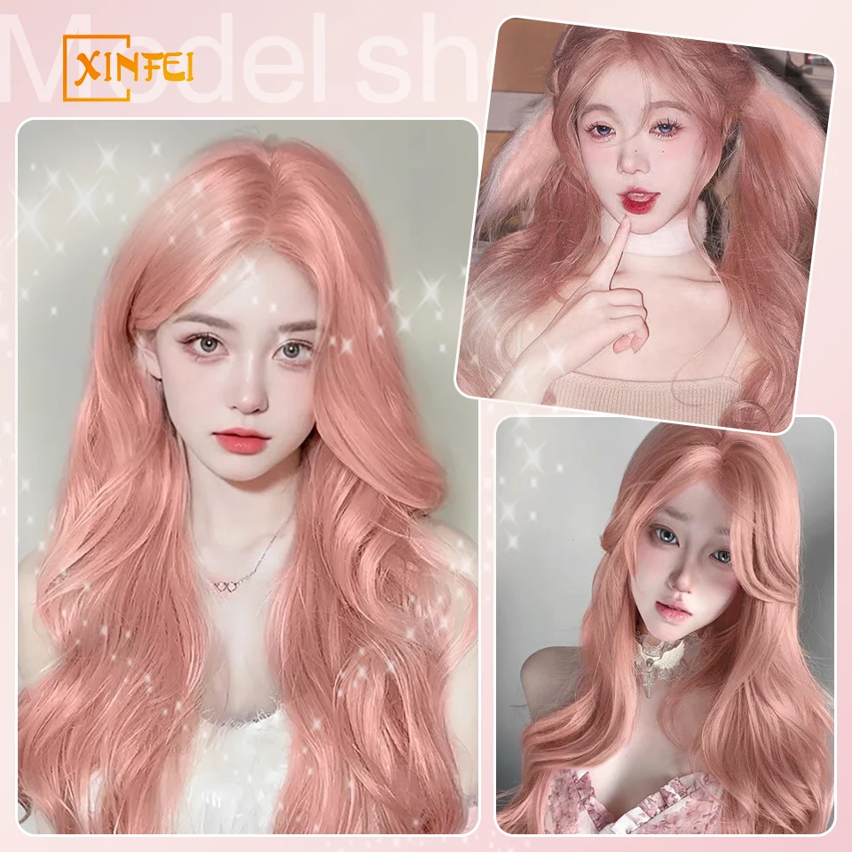 XINFEI-Perruque longue ondulée rose avec frange pour femme, synthétique, Lolita Cosplay, moelleux, cheveux naturels pour 03/Party