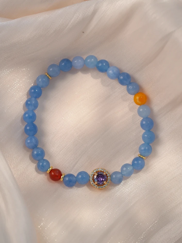 [Blue Night Firefly] Pulseira de ágata aquamarina feminina novo estilo chinês nicho branco e frio versátil