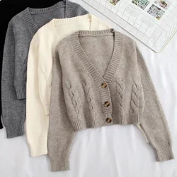 V Neck Cropped Cardigan Women Long Sleeve Twist Knitted Sweater Coats Autumn Winter Keep Warm Korean Fashion Jacket Cardigan