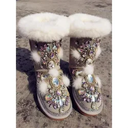 Luxury Rex Rabbit hair jewel accessories Fur one Snow boots Heavy custom party party women's cotton shoes 35-42