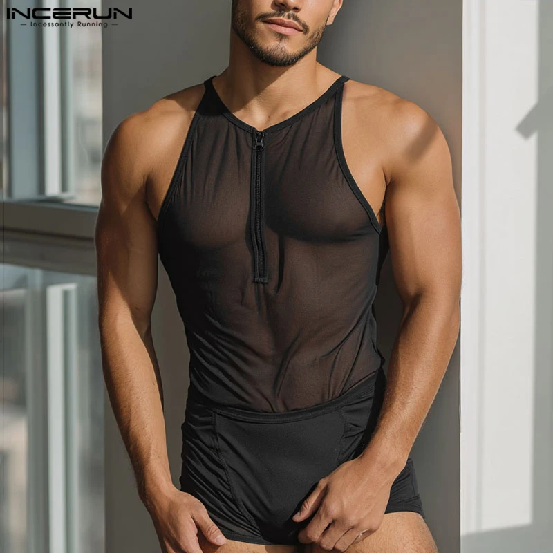 

INCERUN Men Bodysuits Mesh Patchwork See Through Sleeveless Zipper Male Rompers Playsuits Sexy Streetwear 2025 Bodysuit S-5XL