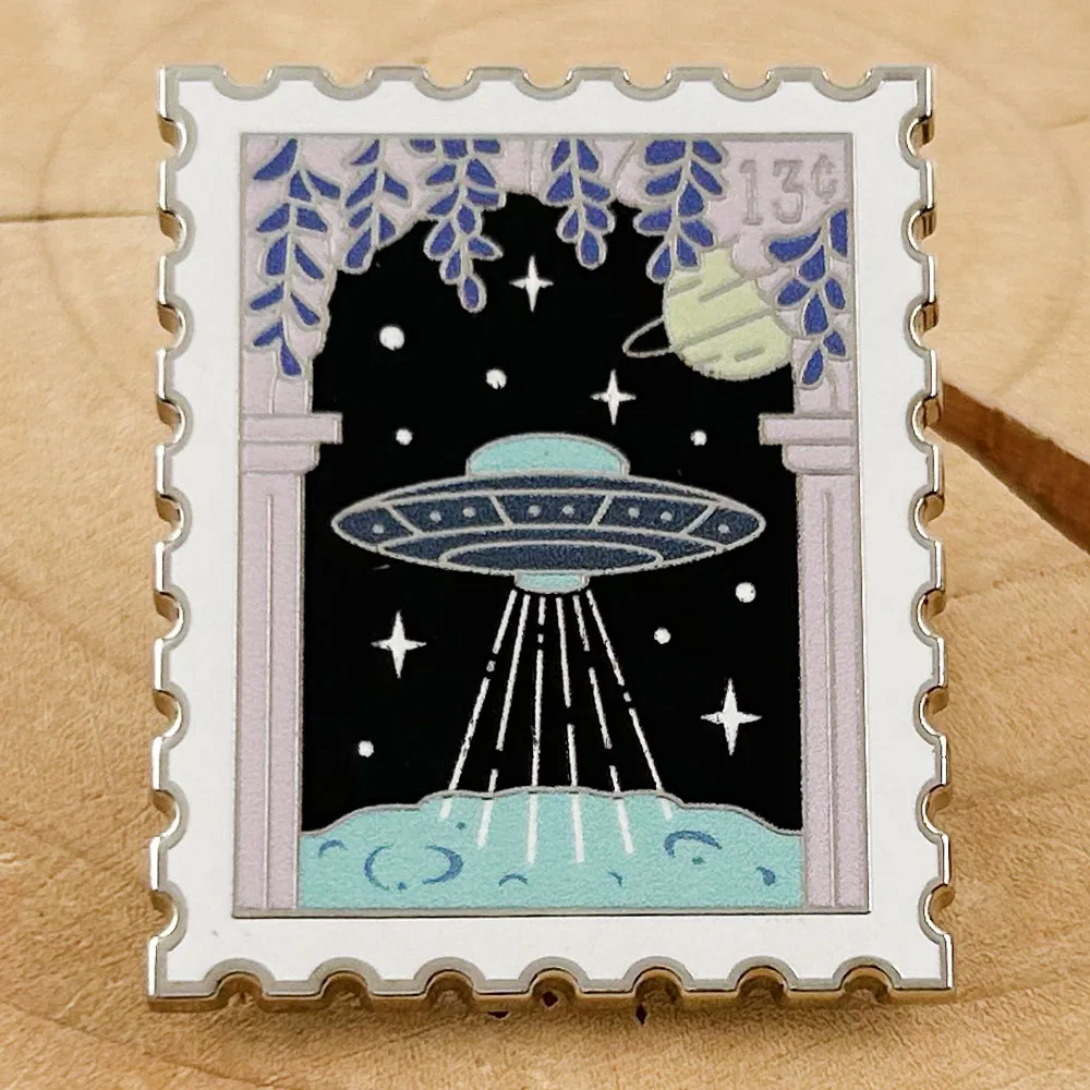 UFO Stamp Enamel Pin Fantasy Violet Flower Brooch Cosmic Badge Jewelry Novelty Creative Gift Decoration