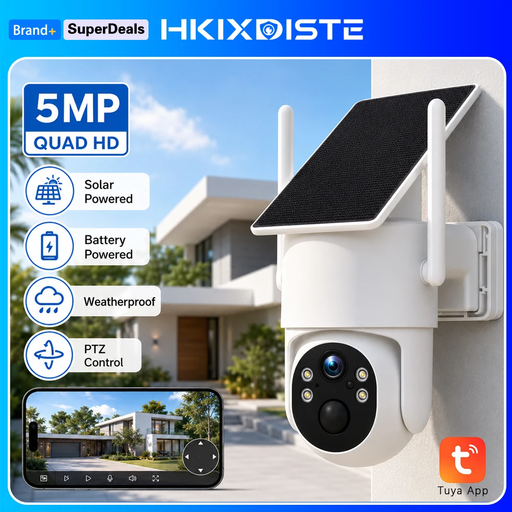 5MP Quad HD Solar Security Camera Outdoor Battery Powered WiFi PTZ Weatherproof Tuya Smart Life Remote Monitoring Camera HD CCTV