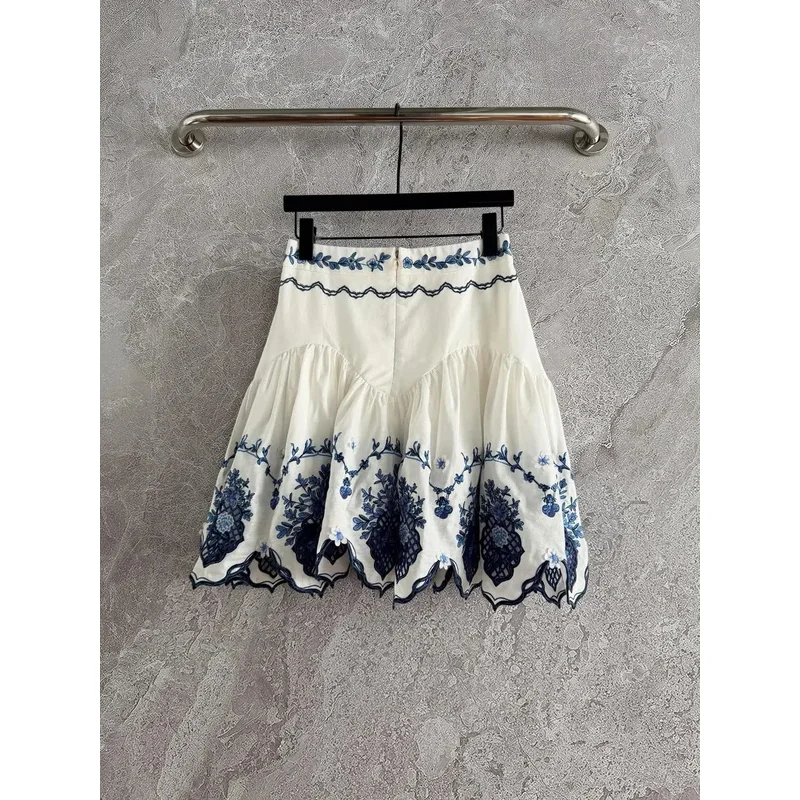 2025 New Fashion White Hollow Embroidery Long Sleeve Blouse Top and Mini Skirt Set