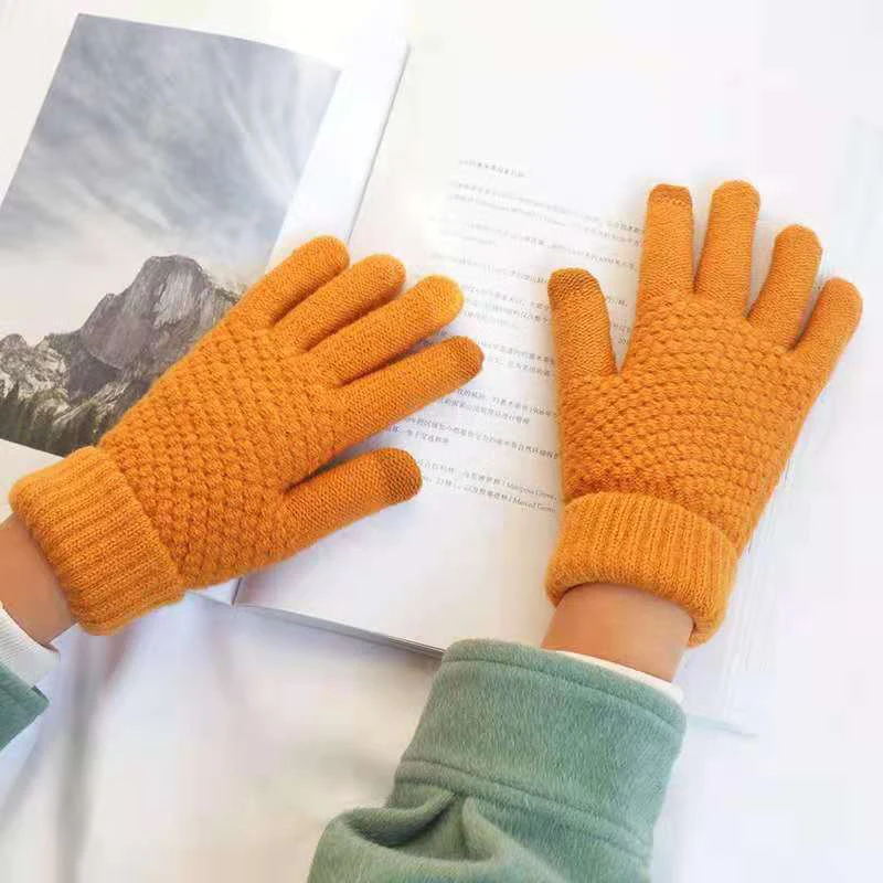 Winter Touch Screen Gloves Warm Stretch Knitted Mittens Imitation Wool Full Finger Gloves Women Men Crochet Mittens