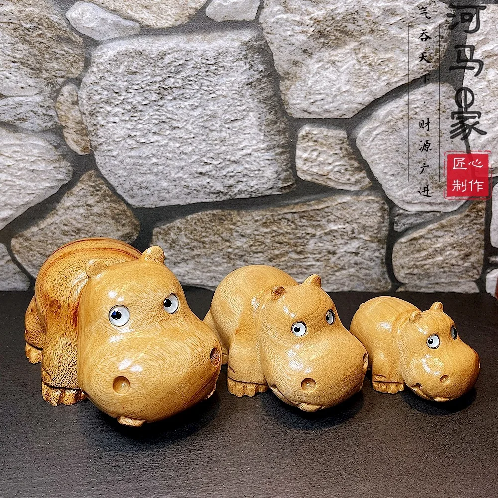 Miniature Camphor Wood Handmade Carving Hippopotamus Desktop Ornament Creative Home Decoration Cute Animal Crafts Birthday gift