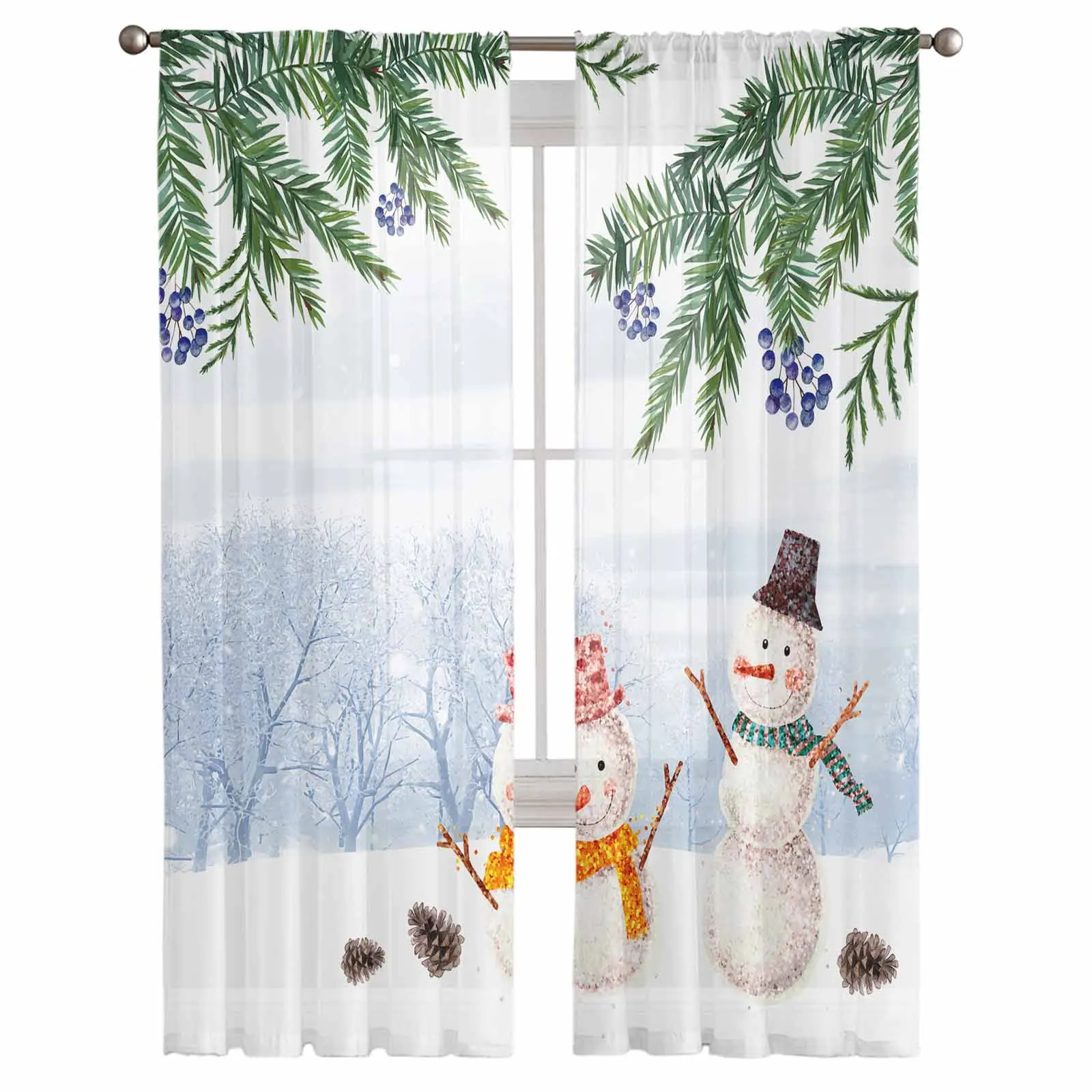 Christmas Plants Pine Berries Pinecone Snowman Sheer Curtains For Living Room Window Transparent Voile Tulle Cortinas Drapes