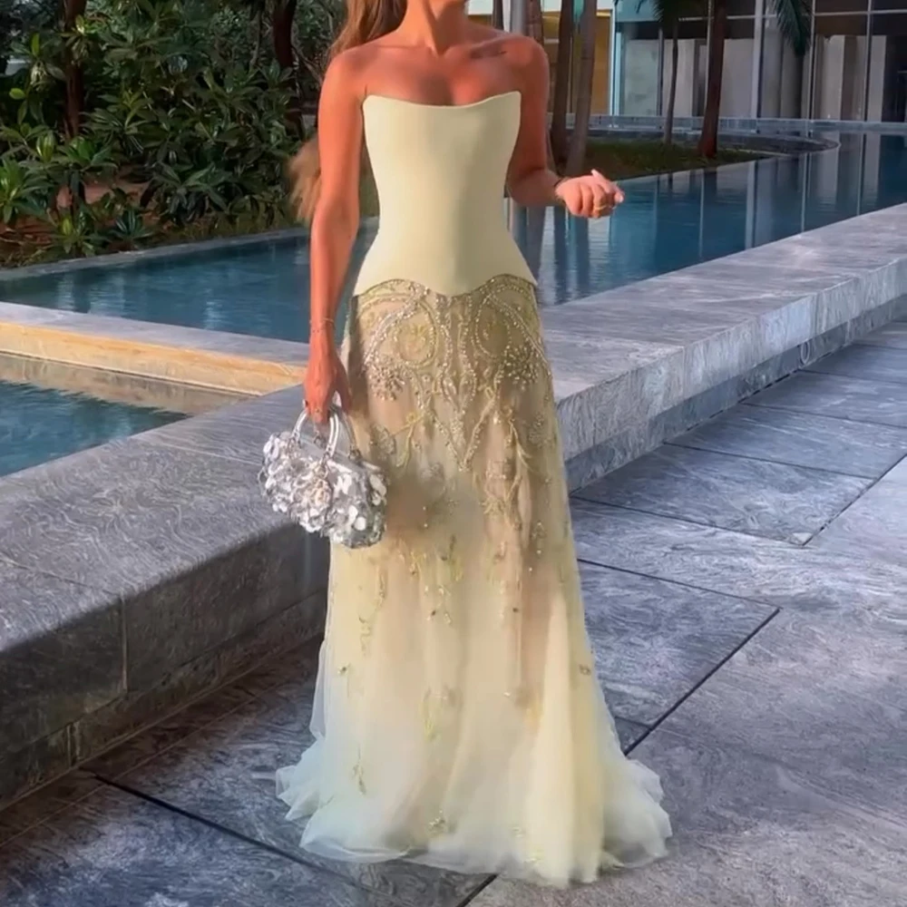 

Customized A-line Evening Dresses Floor-Length Strapless Sleeveless Prom Gown Fashion Crystal Simple Draped Backless Party Gown
