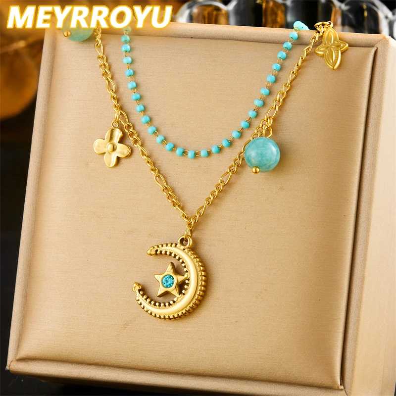 MEYRROYU-collar de doble capa de acero inoxidable 316L para mujer, estrella, Luna, turquesa, personalidad, nueva tendencia, joyería para el cuello, regalo de fiesta