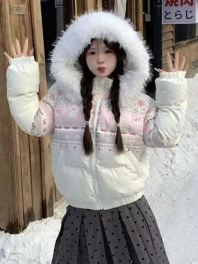 Vintage Snowflake Rabbit Print Fur Collar Hooded Cotton Jacket for Women 2025 Winter New Versatile Warm Puffer Coat