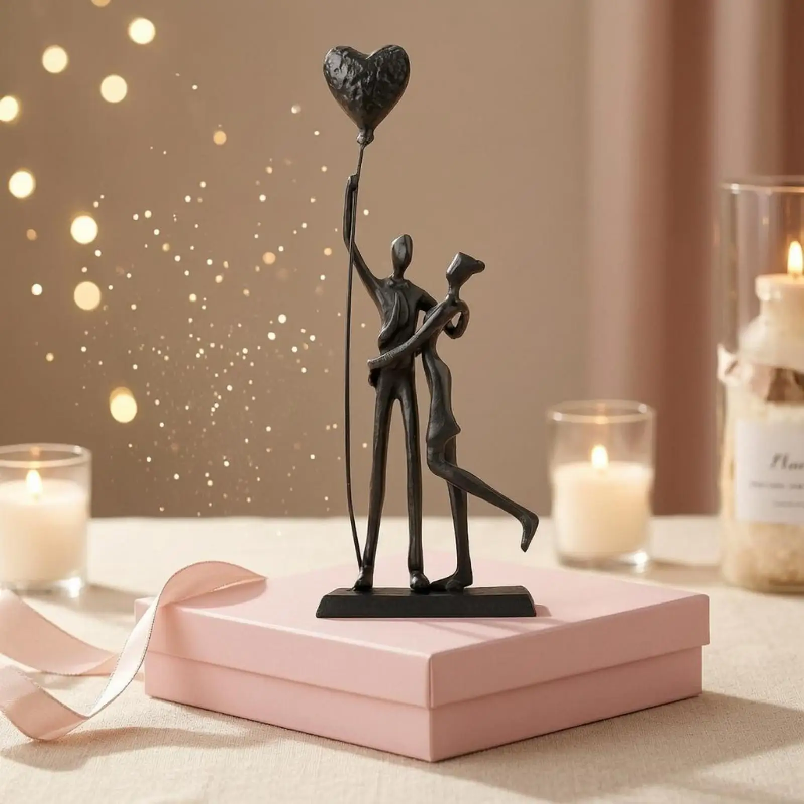 Hugging Couple Figurine Bronze-Black Heart Balloon Statue Tabletop for Couples