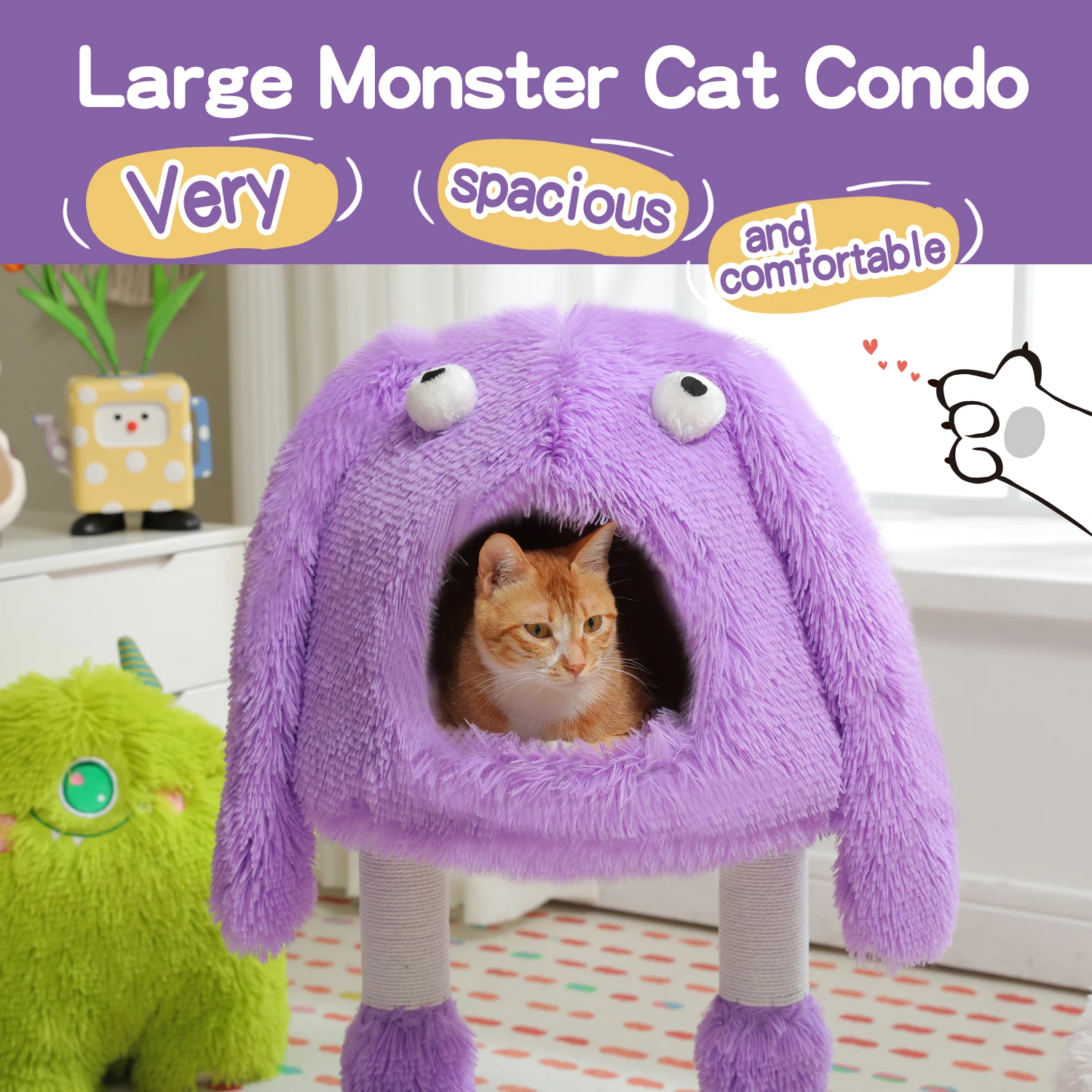 Monster Series Cat Tree Tower with Funny Ears and Eyes and  Sisal-Wrapped Legs Purple Cute Shape Plush Modeling Big Cat Condo