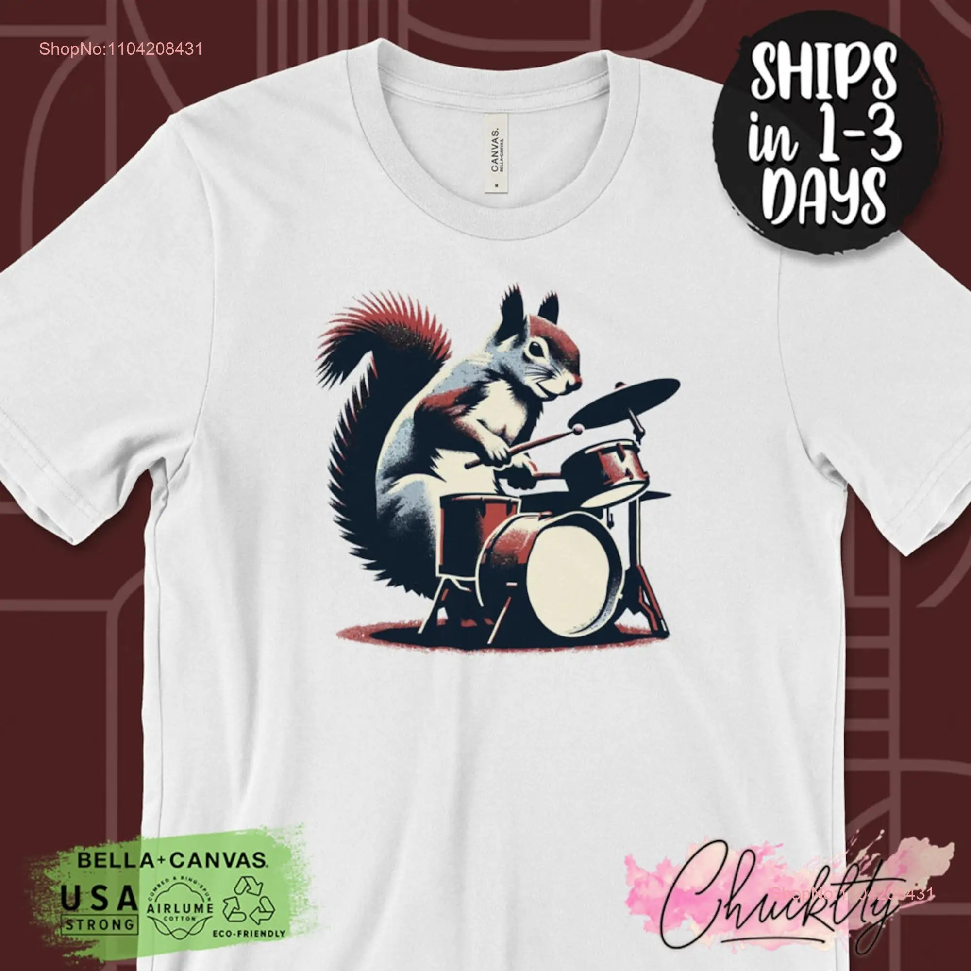 Drumming Squirrel T Shirt Musician Animal Lover Funny Cartoon Band Top for Drummers Music Teacher long or short sleeves