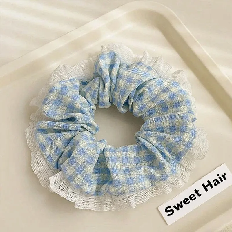 Süßes und niedliches kariertes Spitzen-Haarband, Haargummi, Ins Sweet Sister Haaraccessoires, frisches Haarband – Detail 7