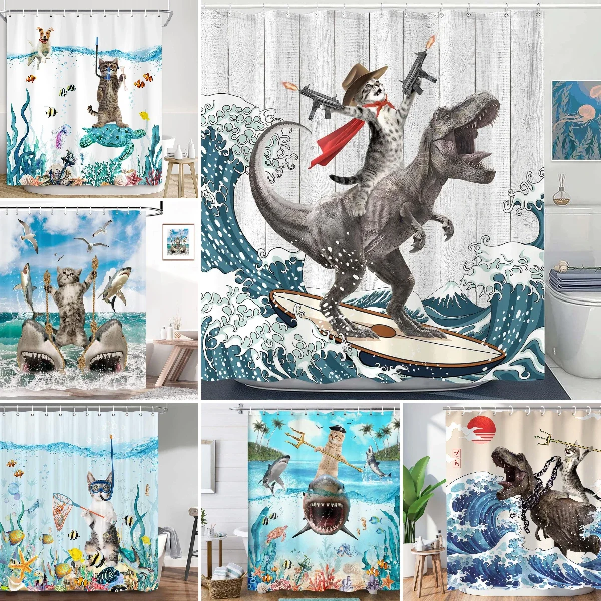 Funny Animal Cartoon Shower Curtain Cat Riding Shark Dinosaur Ocean Waves Fish Kid Cute Creative Polyester Fabric Bathroom Decor