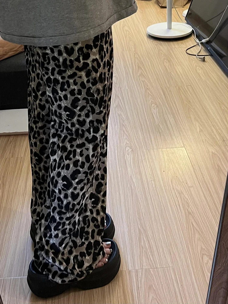 Eis Seide Casual Hosen frauen Sommer Dünne Gerade Lose Gehen Breite Bein Hosen Hohe Taille Pendeln Sle Leopard Muster