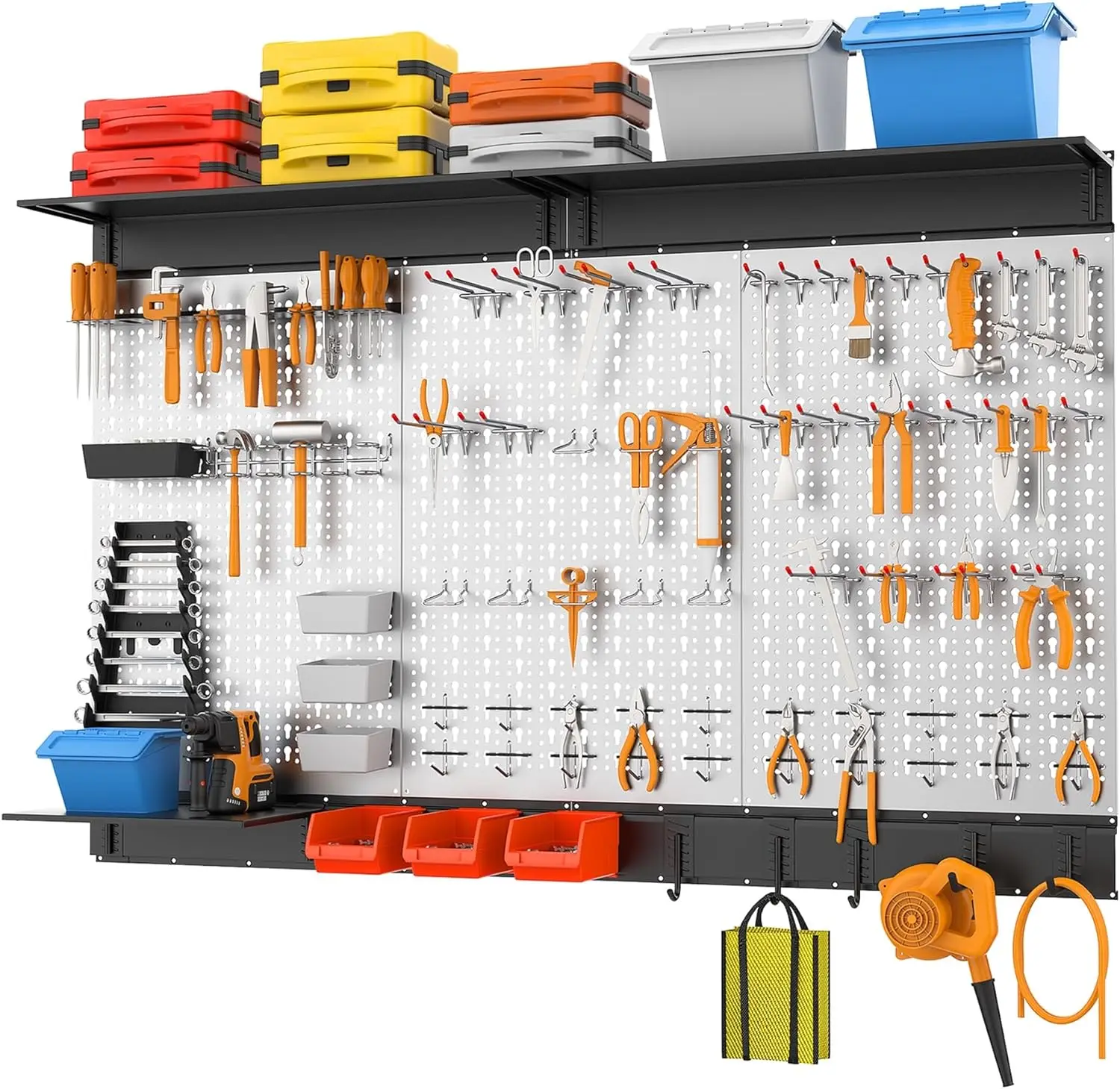 113PCS  Wall Organizer Kit with Pegboard Hooks, Bins Pegboard Storage System for Garage, Workbench, Shed Modular Peg Board Organ