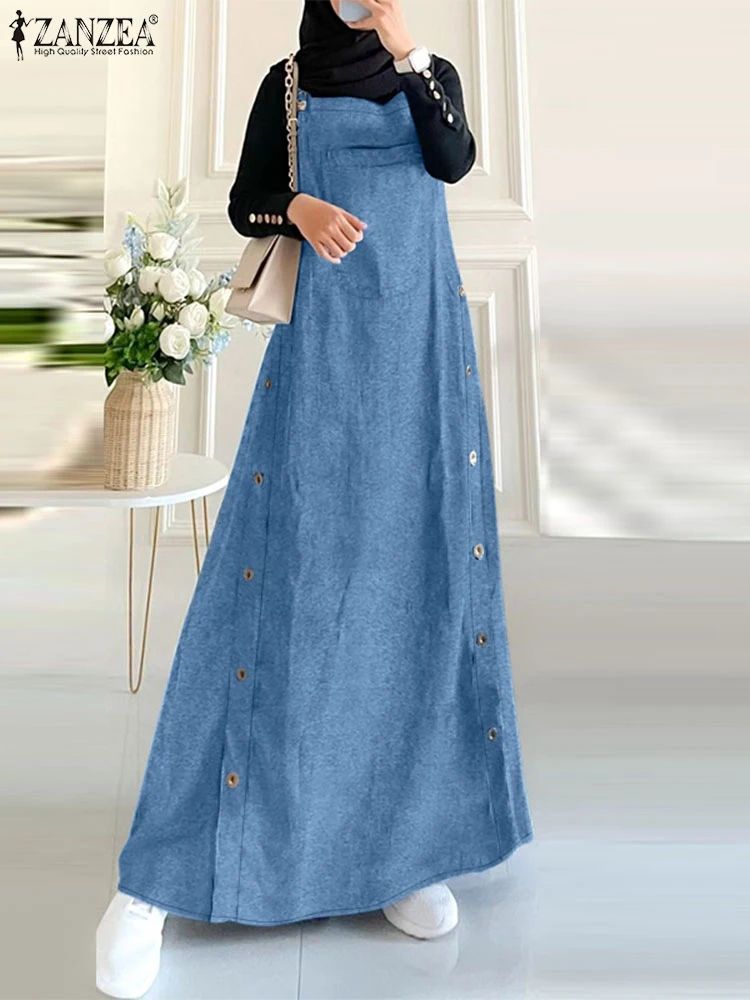 ZANZEA Denim Blue Islamic Abaya Robes Suspender Autumn 2024 Solid Women Long Dresses Muslim Hijab Loose Casual Maxi Vestidos