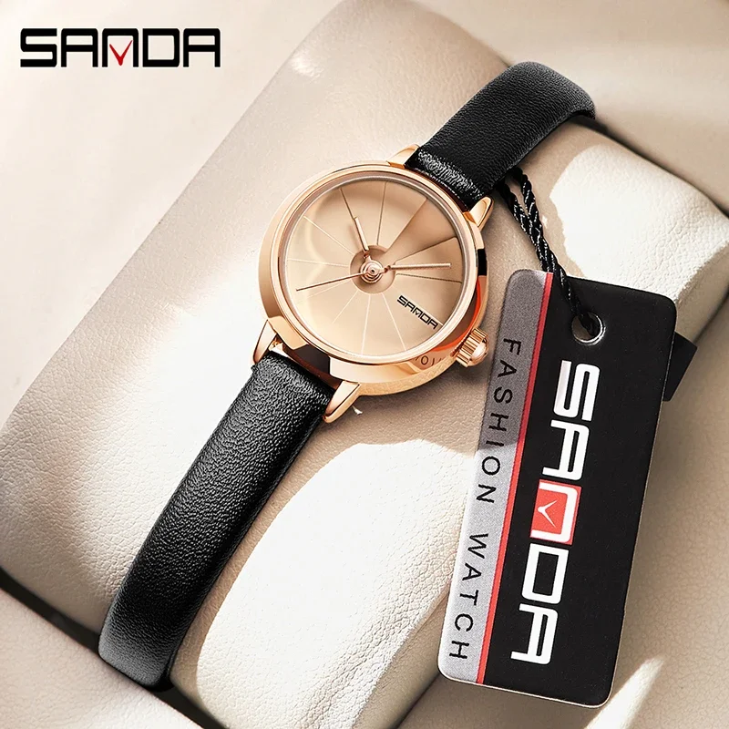 SANDA 1113 Reloj de cuarzo para mujer, relojes de oro rosa para mujer, moda informal, correa de cuero marrón, reloj resistente al agua, caja de regalo para mujer