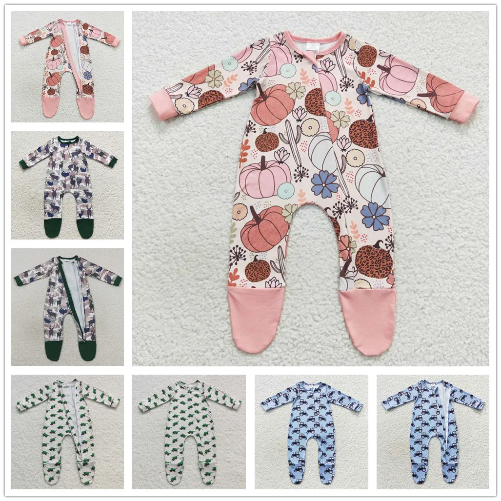 

2023 Fashion Styles RTS Newborn Fall Rompers Toddler Boutique Pumpkin Bodysuits Infants Onesie Sleepers