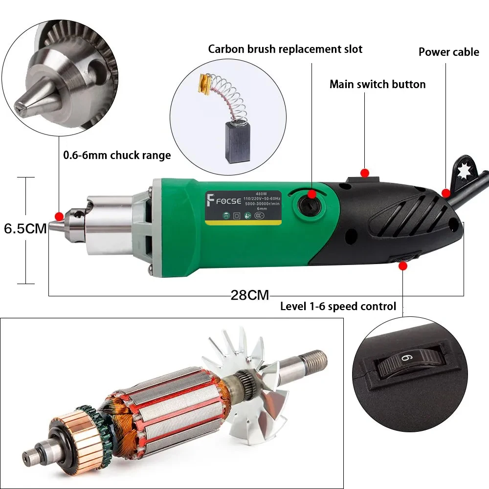مطحنة قوالب كهربائية 480 وات أداة كارفر دوارة كهربائية، تعديل السرعة المتغيرة 6 خطوات، سرعة عالية 30000 دورة في الدقيقة