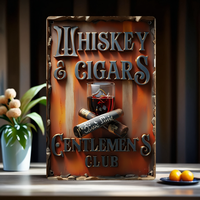 Vintage Metal Whiskey and Cigar Gentlemen's Club Sign: 8 x 12 inches / 20 x 30 cm, art print poster, wall art decoration