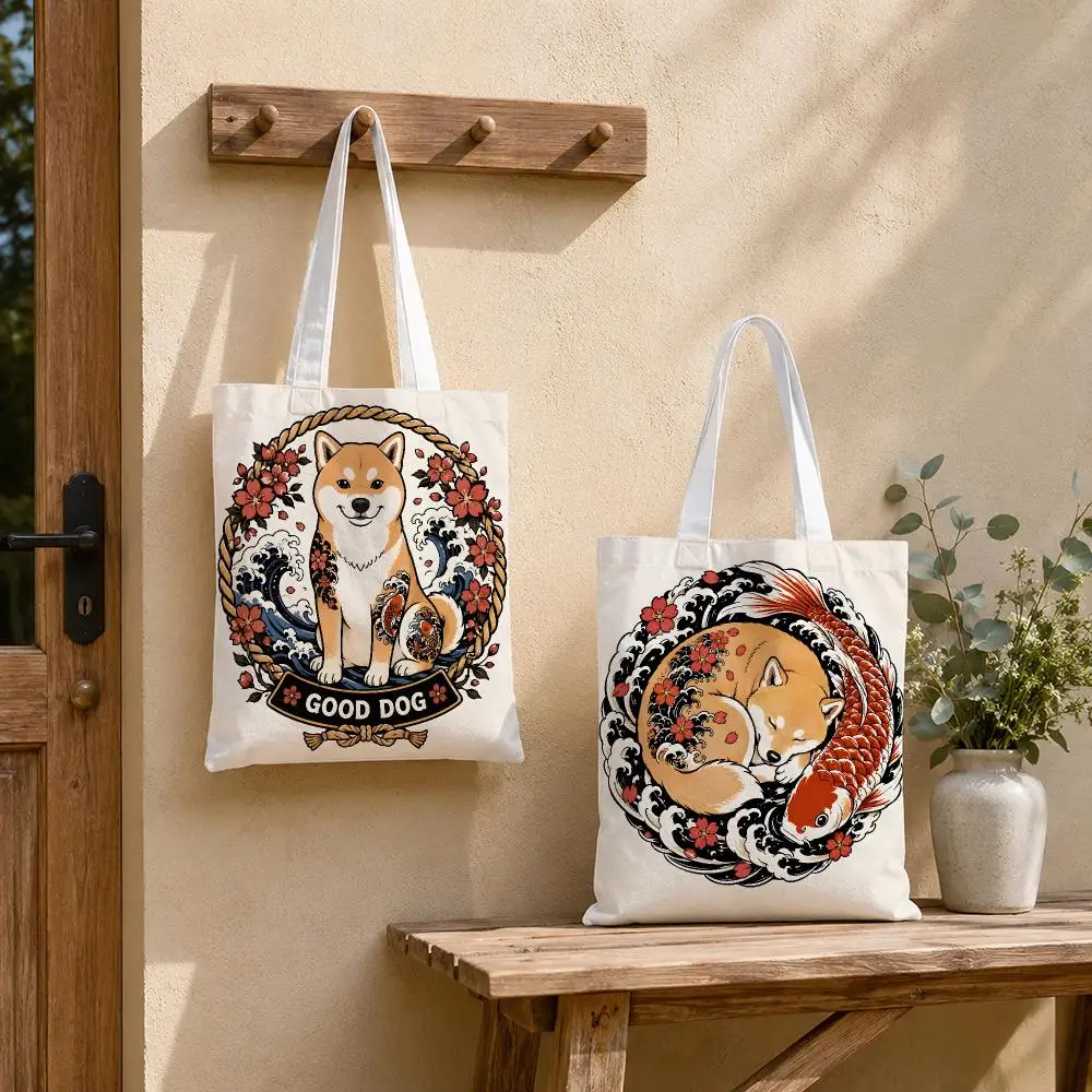 Shiba Inu Japanese Tattoo Storage Bags Tote Bag Reusable Shoulder Shopping Foldable For School Work Travel Daily Use