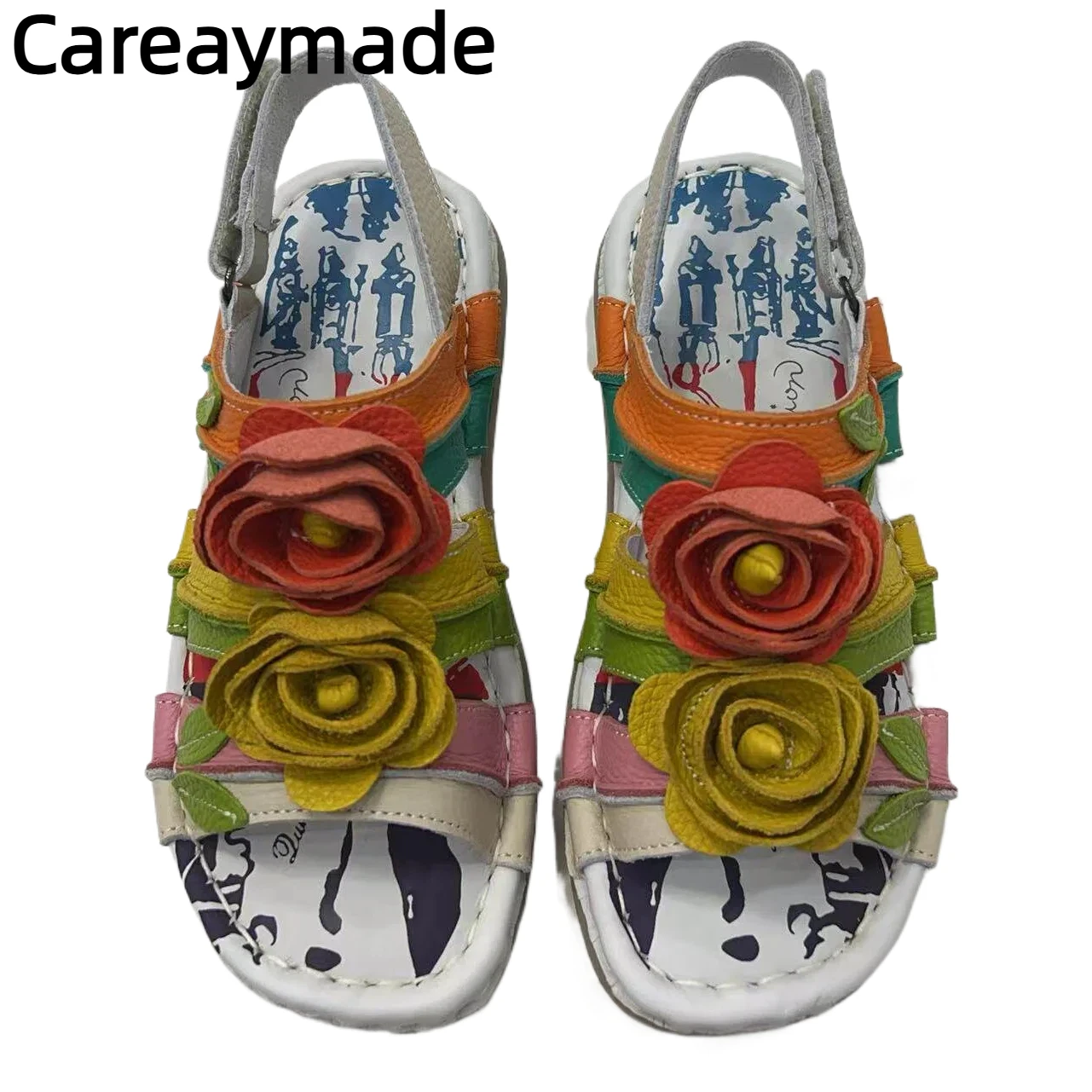Careaymade-Genuine Leather Women's Sandals,Summer casual exquisite thick soled ethnic sandals,high-end cowhide flower slippers