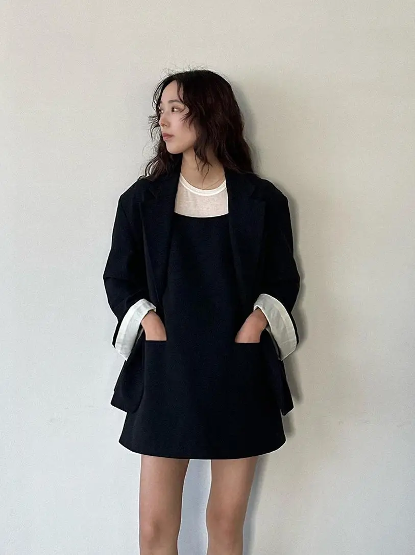 Black Oversize Cotton Linen Suit Jacket Women's Loose Fit Tuxedo Sleeve Turn-down Collar Long Sleeve Mid-length Coat
