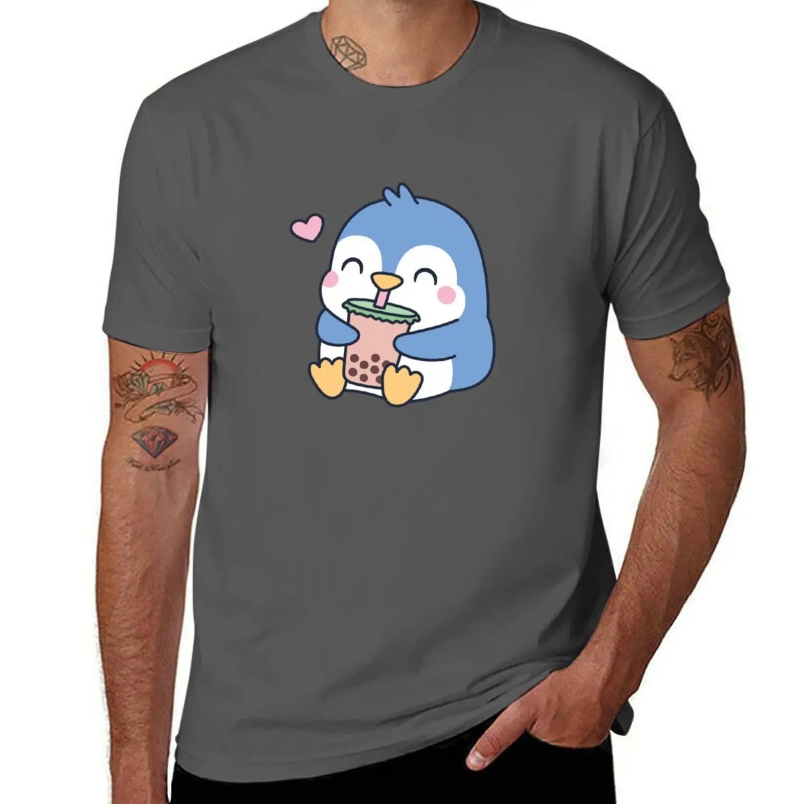 

Cute Little Penguin Loves Boba Tea T-Shirt Big Size Simple T-Shirt