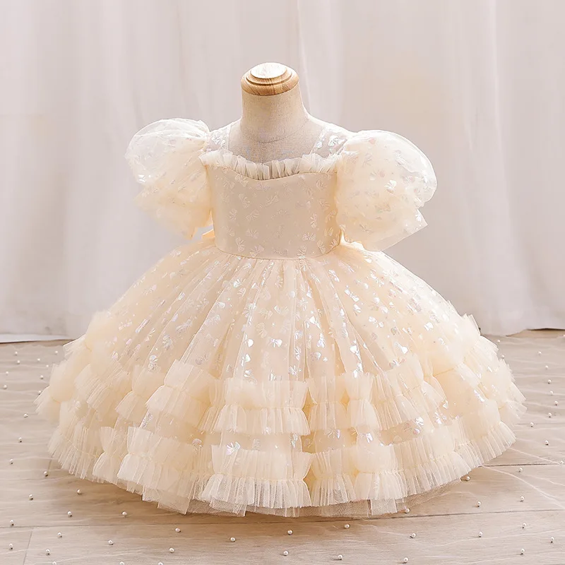 Girls' New Bubble Sleeves Wedding Party Dress Princess Christmas Party Cute Foreigner Bow Birthday Dress Baby Dress