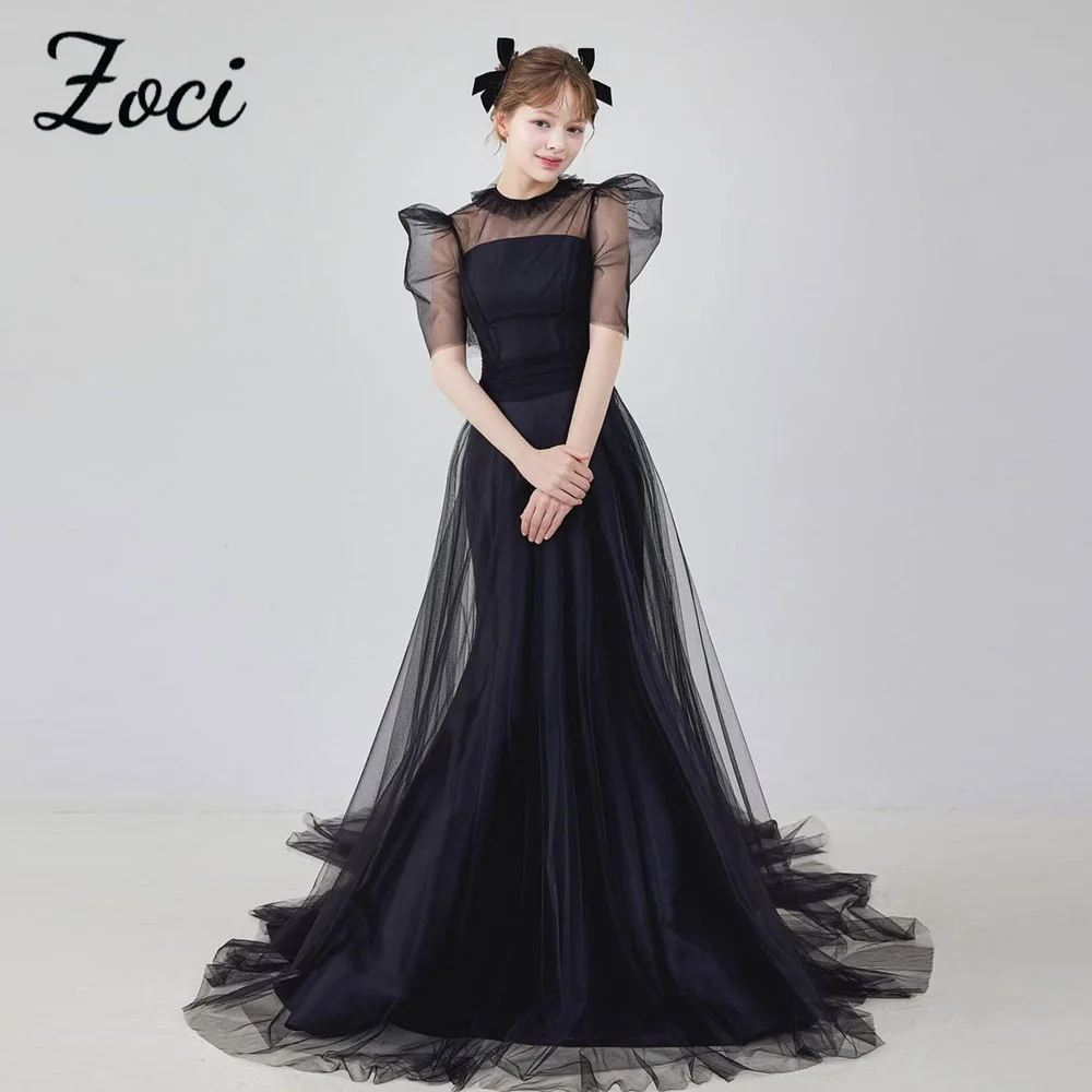 Zoci Elegant Black Mermaid Korea Wedding Dresses Satin Tulle Short Sleeve Photos Shoot Customized Formal Evening Party Dress