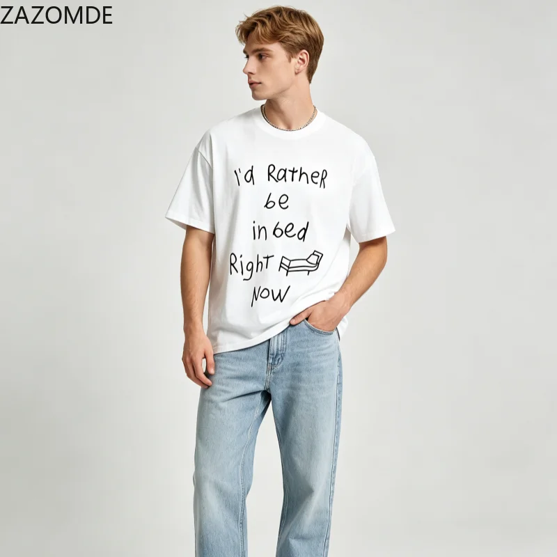 ZAZOMDE Funny Relatable Mood Unisex Short Sleeve T-shirt Hand Drawn Print Casual Oversized Breathable Cotton Streetwear Top