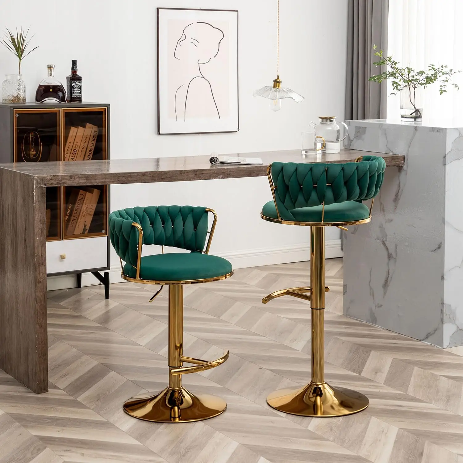 Gold Velvet Bar Stools Set of 4, Counter Height Bar Chairs with Low Back, Swivel Bar Stool for Kitchen Island, Bar Pub (Green)