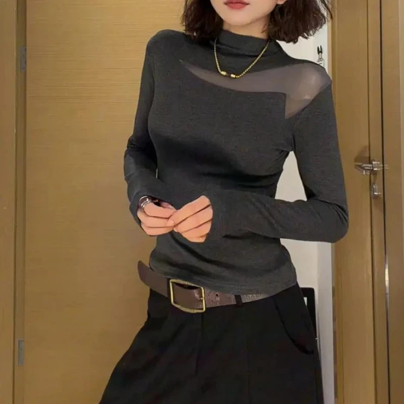 Spring Autumn New Long Sleeve Hollow Out Slim Sexy Tops Tees Simplicity Solid Elegant T Shirts Fashion Temperament Women Clothes