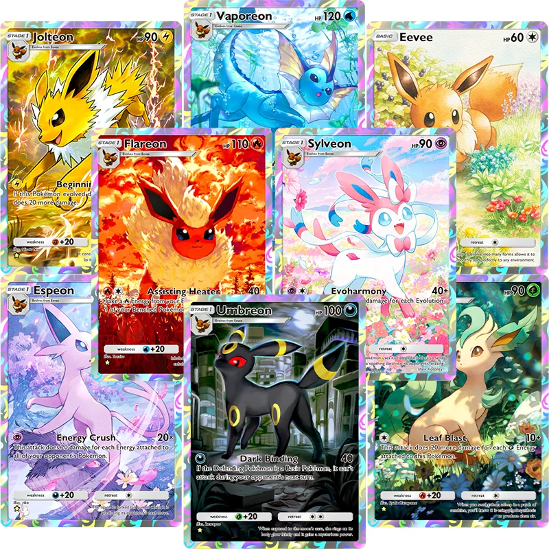 مجموعة سلسلة Pocket Eevee Umbreon Sylveon Leafeon Flareon وما إلى ذلك بطاقة ذاتية الصنع منسوجات محفورة مجموعة الرسوم المتحركة الفردية أرواق لعب