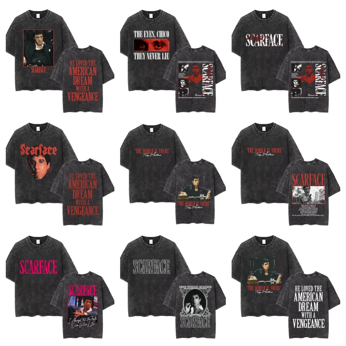 العصابات تي شيرت رجالي في التسعينيات سكارفيس على الوجهين تي شيرت مطبوع توني مونتانا آل باتشينو خمر غسلها تي شيرت #1