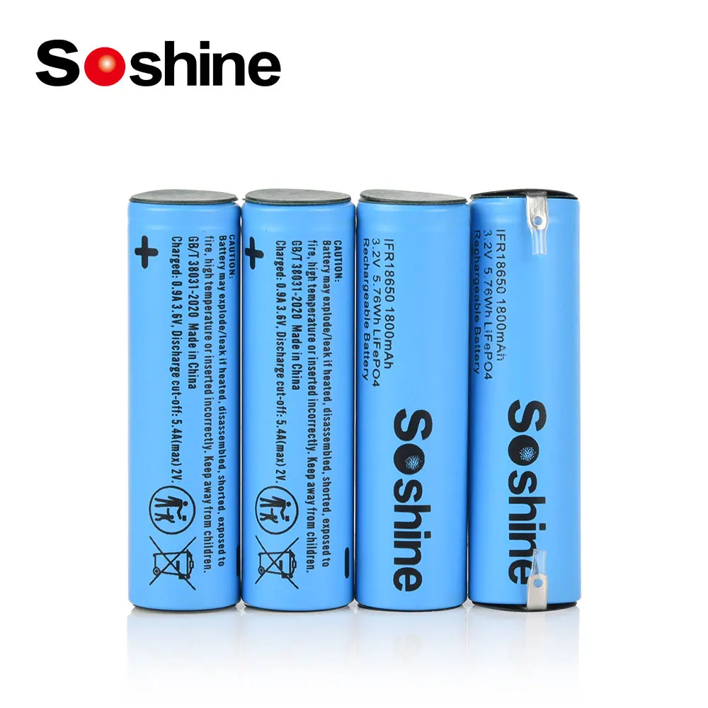 แบตเตอรี่ LiFePo4 Soshine 18650 1800mAh พร้อมแท็บเชื่อม3.2V 18650แบตเตอรี่แบบชาร์จไฟได้แบตเตอรี่ LiFePo4 1800mAh คุณภาพสูง