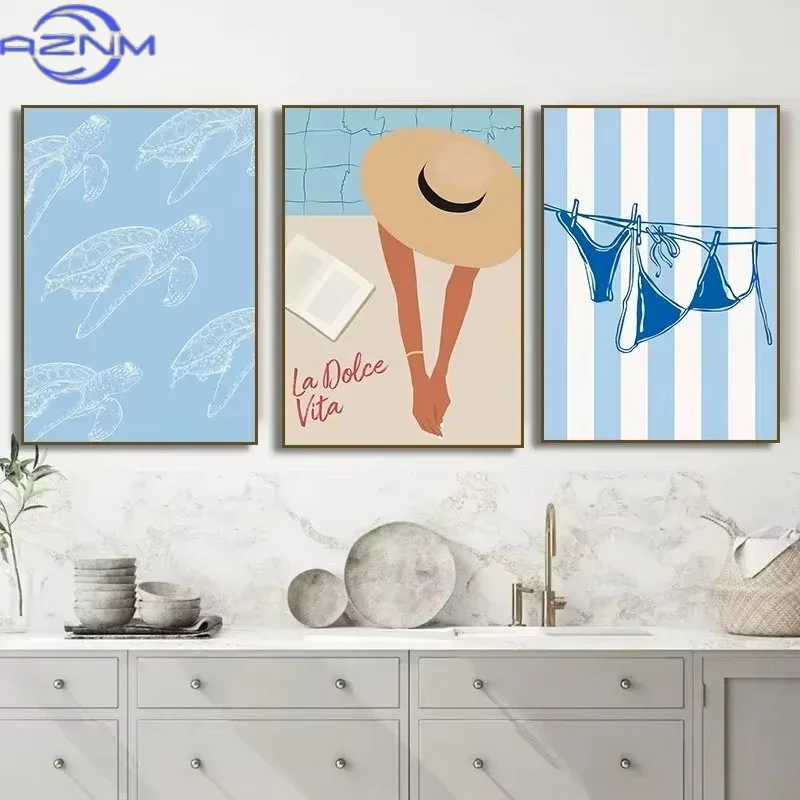 Seashells Meet Me At The Beach Poster Summer Bikini Coastal La Dolce Vita Canvas Painting Trendy Wall Art Room Home Decor