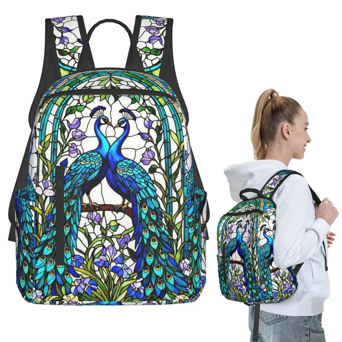 Stained Glass Peacock (7) Backpack Student BookBag Boys Girls School Bag Laptop Shoulder Bags Men Women