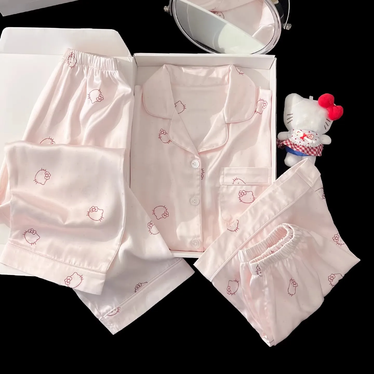 Summer girls ice and snow silk three-piece set cute princess wind big girls loungewear cartoon air-conditioning suit set